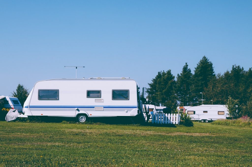 Camping life with caravans in nature park